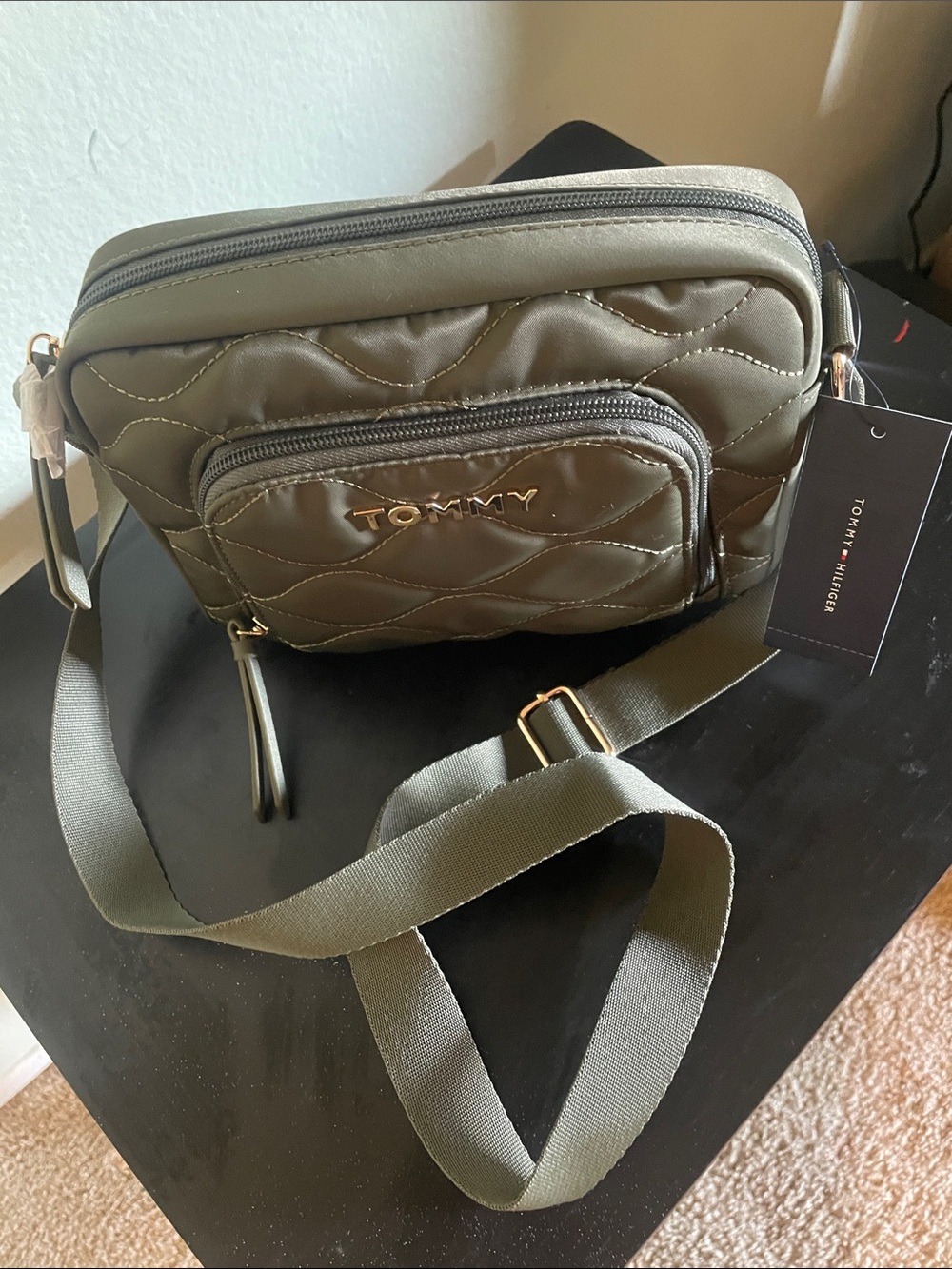Tommy Hilfiger Olive Quilted Logo Crossbody Bag with Gold Hardware